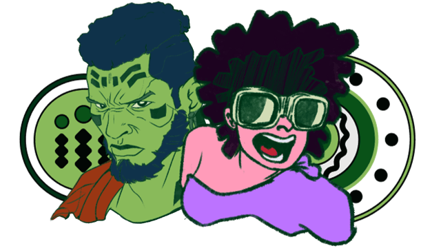 illustration depicting a man and a girl comic characters